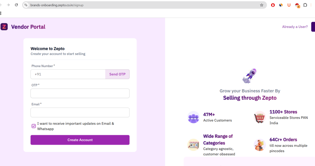 Zepto Onboarding Page Screenshot
